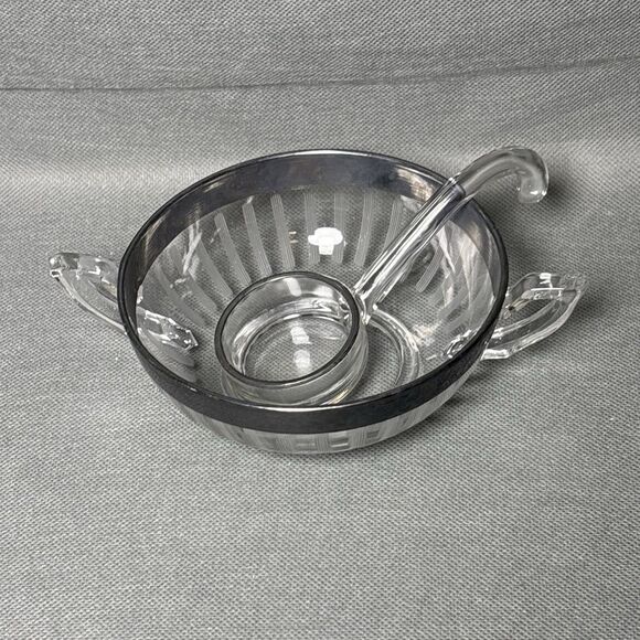 1930s Serving Bowl & Mayonnaise Spoon Silver Rim Art Deco Depression Glass UV - Picture 5 of 15